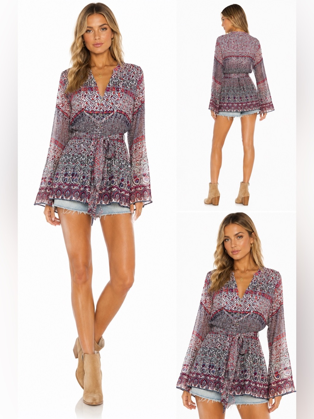 Converse Paisley Print V-Neck Tie-Waist Tunic - Burgundy, Navy